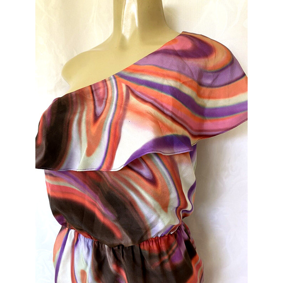 Halston Heritage One Shoulder Ruffled Dress Swirl Silk Mini Orange Purpl… - Picture 4 of 9